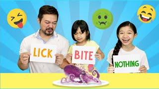 LICK, BITE OR NOTHING CHALLENGE w/ Dad! | Kaycee & Rachel