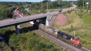 Awesome 4K Aerial View! Long Stack Train CN 120 w/Rear DPU Passing Springhill Junction, NS