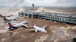 Footage of airport sinking in Barcelona! Heavy flooding submerges planes in Spain