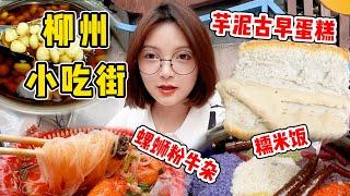 吃貨妹妹打卡柳州小吃街！酸嘢、螺螄粉牛雜、芋泥古早蛋糕！根本吃不完！【吃貨圓圓】