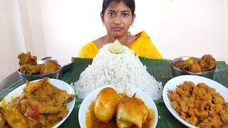 EATING CHINGRI BATI POSTO, RED CHICKEN CURRY, EGG CURRY, MOURALA FISH WITH HUGE AMOUNT OF RICE