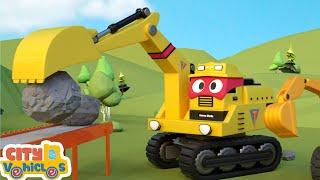 Construction vehicles save trapped boat then build new bridge-bulldozer,  and crane truck for kids.