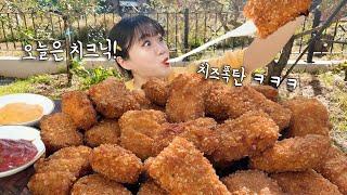 집 앞 마당에서 치즈 왕창 들어간 치킨 3마리 쌓아두고 피크닉 했어요  고양이들도 노리는 치킨 먹방 ㅋㅋㅋ 만리 치킨 먹방 mukbang