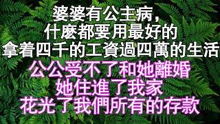 婆婆有公主病，什麼都要用最好的。拿著四千的工資過四萬的生活，公公受不了和她離婚，她住進了我家，花光了我們所有的存款。#情感故事#中老年頻道