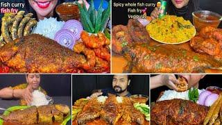 BIG WHOLE FISH CURRY, RICE, SALAD, CHILI, ONION ASMR MUKBANG EATING SHOW|