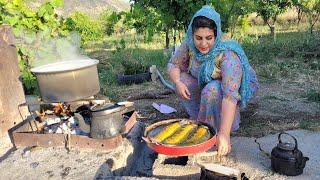 Cooking salmon, liver and lamb's heart in Iranian village style