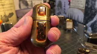 Smoke Stone Petrol Lighter Amber Tiger Eye Glass Brass