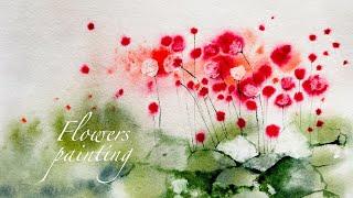 abstract style painting . from the flowers scenery next t the rocks . watercolor painting