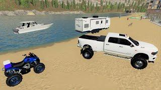 A day of camping and boating on top of a mountain | Farming Simulator 19 Camping and Mudding