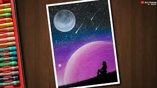 Drawing for Beginners with Oil Pastels and Acrylic - Galaxy Night Scenery Drawing - Step by Step