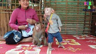 Really Cute little B.B Monkey Yoko Wear The Jean And Carry The Bag For Ride Motor With Mom