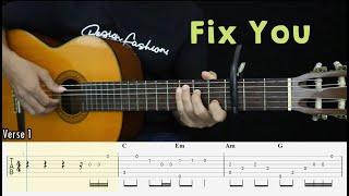 Fix You - Coldplay - Fingerstyle Guitar Tutorial + TAB & Lyrics