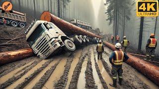 Extremely Dangerous Logging Truck Driving Skills | Extremely Dangerous Transport Skills #28
