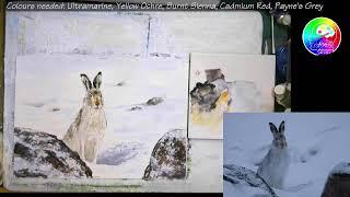 Snow Hare in the Snow in Watercolour