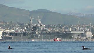 USS Boxer and other boats on San Diego Bay in 4k