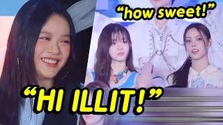 Hanni greets ILLIT (clearer scene).. NewJeans reaction to other idols' songs