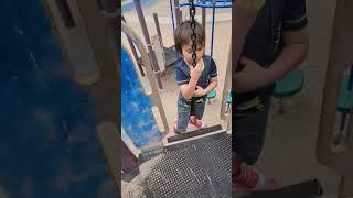 He's climbing the wall and being brave. he loves parks he could spend all day every day at a park 