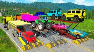 Flatbed Trailer Cars Transportation with Truck - Speedbumps vs Cars vs Train - BeamNG.Drive #45