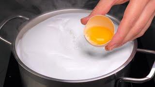 Pour the egg into the boiling milk! I don't buy cheese at the market anymore