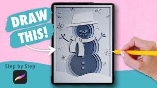 Draw With Me - Paper Cutout Snowman | Procreate Digital Art Drawing Tutorial for Beginners