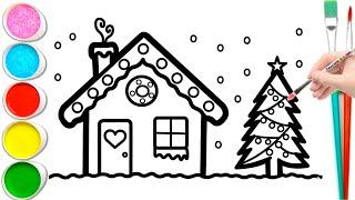 Let's Learn How to Draw and Paint a Christmas Tree and Gingerbread House 