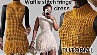 Crochet Waffle Stitch Fringe Turtle Neck Sweater Dress