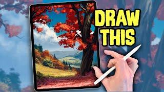 PROCREATE ANIME style DRAWING Tutorial - Autumn Red Tree Landscape