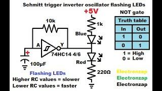 Single schmitt trigger digital inverter oscillator flashing LEDs 7414 74HC14 integrated circuit