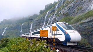 Vande Bharat Greeted by Multiple Waterfalls at Viaduct 6 on Lonavala Karjat Bhor Ghats