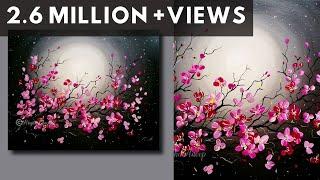 Step by Step acrylic painting on canvas for beginners | moon light night Painting | Tree of flowers