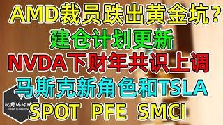 美股 AMD裁员跌出黄金坑？建仓计划！NVDA下财年估值上调！马斯克新职位影响TSLA？SPOT、PFE、SMCI更新！