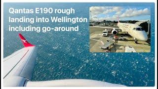 Qantas Link Embraer E190 dramatic windy landing into Wellington airport and go-around!