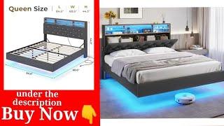 Floating Queen Bed Frame with Storage Headboard RGB LED Lights and Charging Station