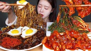 ASMR MUKBANG | 짜장면 & 매운 파김치 & 칠리탕수육 먹방! Jjajangmyeon (Black Bean Noodles) Spicy Green Onion Kimchi