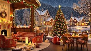 Porch Christmas Ambience  Relaxing Christmas Jazz Music  Snowfall & Crackling Christmas Fireplace