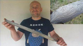 Blacksmithing: 50 cm long Viking knife from Gnezdovo. Damascus.