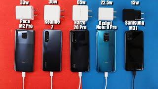 Realme Narzo 20 Pro(65w) Vs Realme 7(30w) Vs Poco M2 Pro(33w) Note 9 Pro/M31 Battery Charging Test