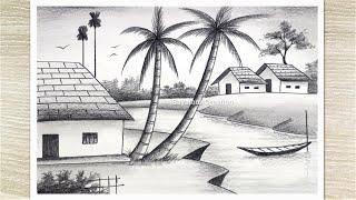 How to Draw Village Scenery with Pencil Sketch, Nature Pencil Drawing  for Beginners