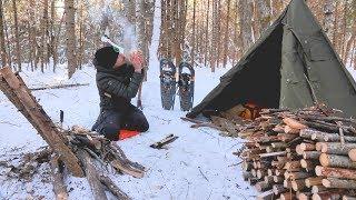 SOLO WINTER BUSHCRAFT CAMP- Post Ice Storm, Bowdrill, Canvas Tipi Shelter.