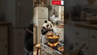cute and chubby short panda with white and gray striped fur is standing on the kitchen #ai
