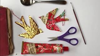 How to make a golden embossed bird decoration from a recycled tomato puree tube.