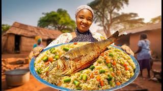 African village life #cooking Village food Simple VEGETABLE RICE Recipe With Fish Curry For Lunch