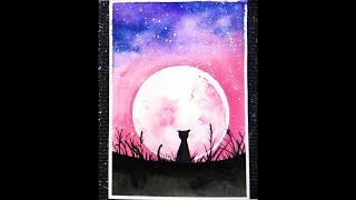 Watercolor painting for beginners Cat watching the moon watercolor easy step by step