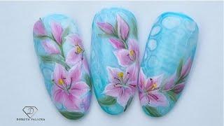 Lily flowers one stroke nail art with blooming gel. Flowers nails