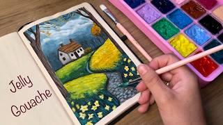 Landscape Drawing With Jelly Gouache + Relaxing vídeo+ Paint With Me