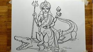 how to draw mata ganga easily line art drawing,ganga mata drawing by sketch pen,devi ganga mata draw