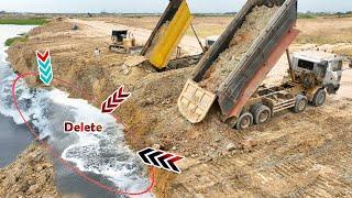 Best Project With Big Bulldozer KOMATSU D60p  Pushing Soil Into Water With 25.5T Dump Trucks