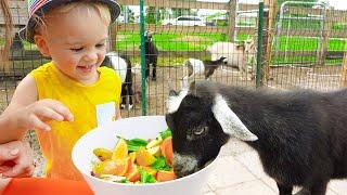 Chris and Mom feeding animals at the farm