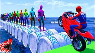 الأبطال الخارقين على القضبان دوامة قمع جسر - SPIDER-MAN on Motorcycle in Spiral Bridge Stunt Ride!