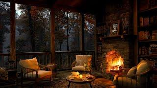 Soft Jazz in Cozy Cabin Balcony Ambience on Rainy Day ️ Rain & Fireplace Sounds to Chill Out